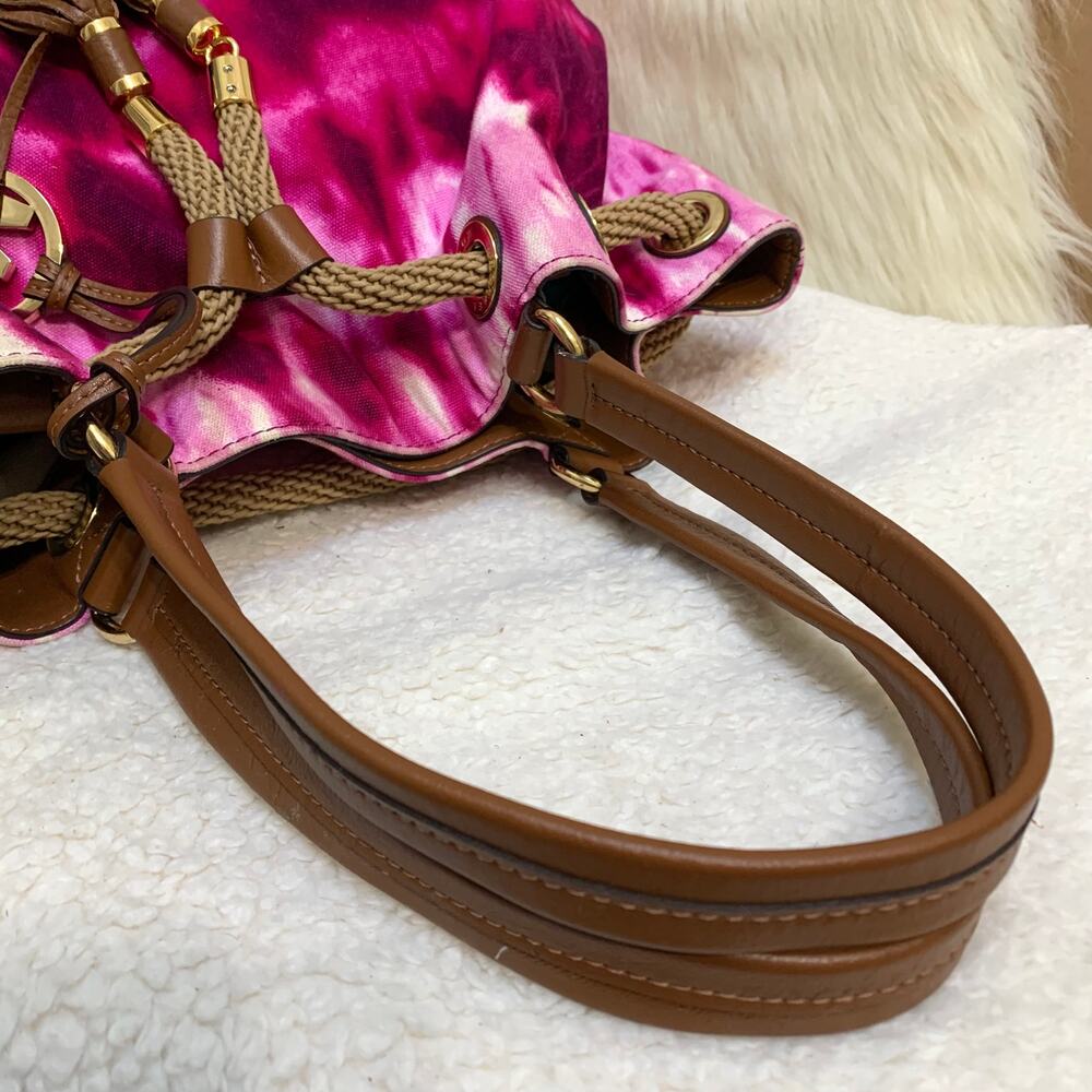 MICHAEL KORS MARINA Large Gathered Pink Tie-Dyed Canvas Drawstring Tassel Tote - Picture 8 of 15
